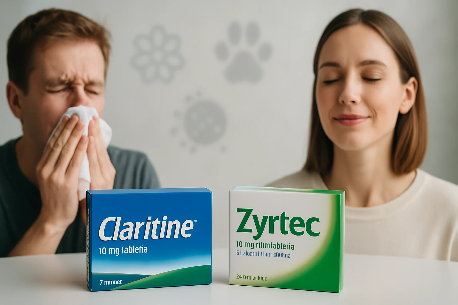 Egy férfi zsebkendővel az orrát fújja, míg egy nő nyugodtan ül, allergiaellenes gyógyszerekkel.