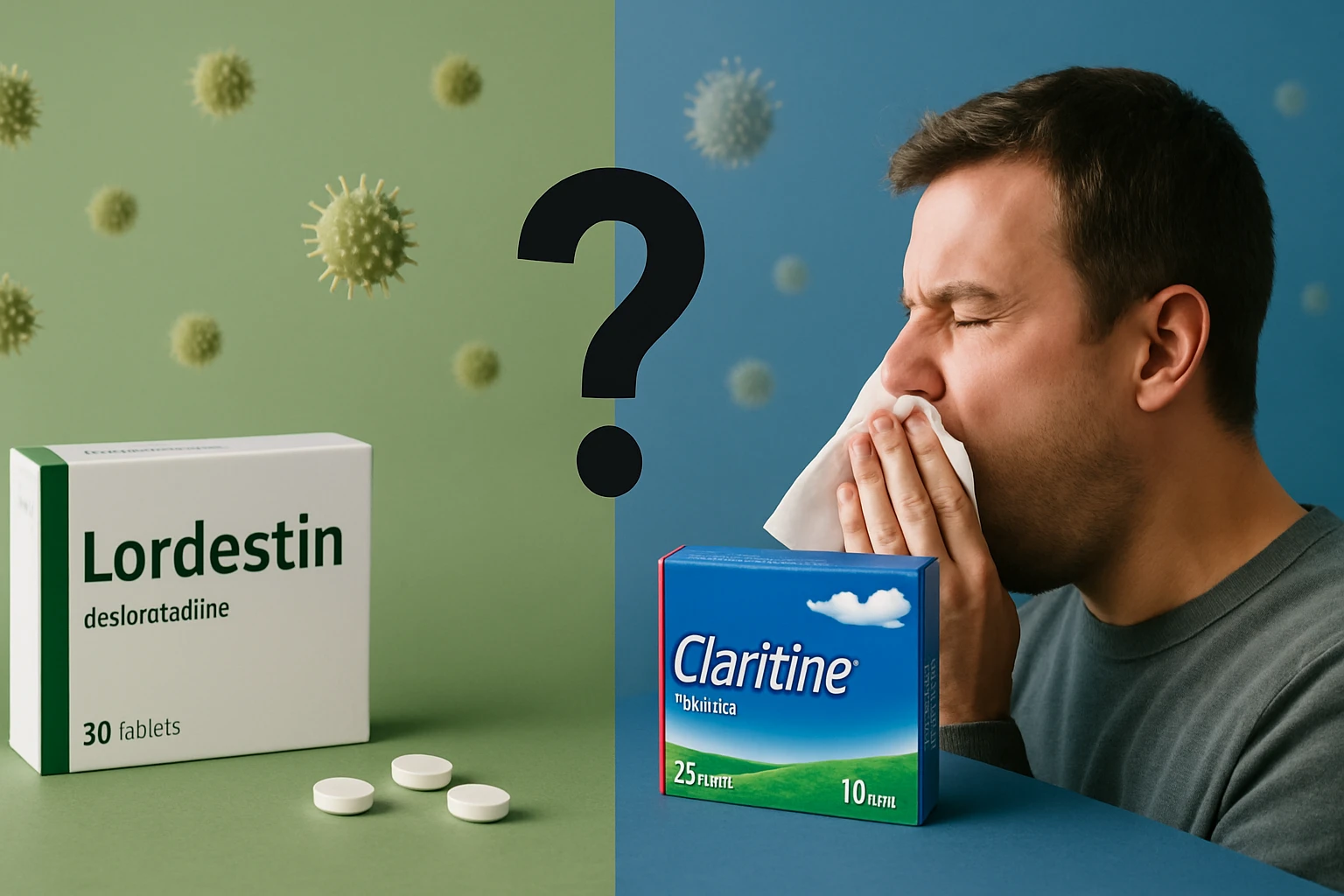 Két allergiaellenes gyógyszer doboza, mellettük egy tüsszentő férfi.