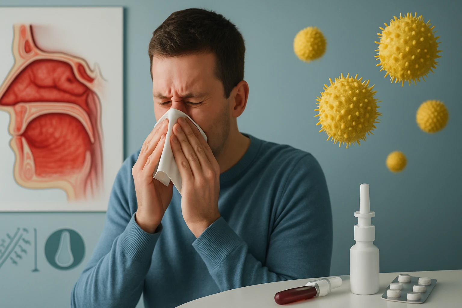 Egy férfi zsebkendővel az orrát fújja, miközben allergén pollenek lebegnek a levegőben.