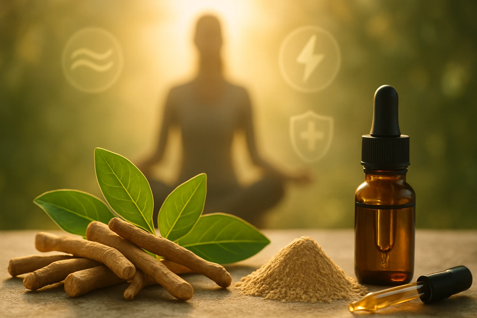 Ashwagandha gyökerek, por és olaj üveg, meditáló nő háttérben.