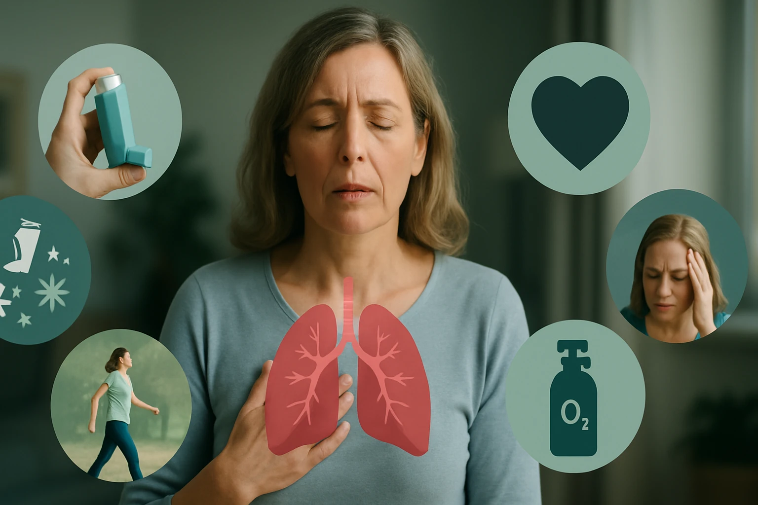 Egy nő, aki asztmás rohamot él át, kezével a mellkasán, körülötte egészségügyi szimbólumok.
