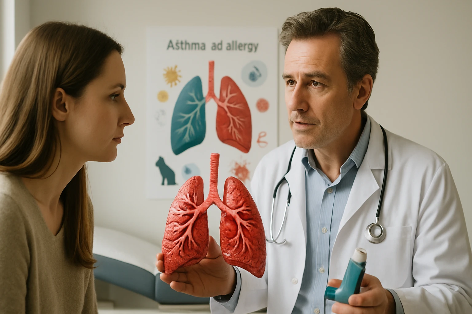 Egy orvos bemutat egy tüdőmodellt egy páciensnek, miközben asztmáról beszél.