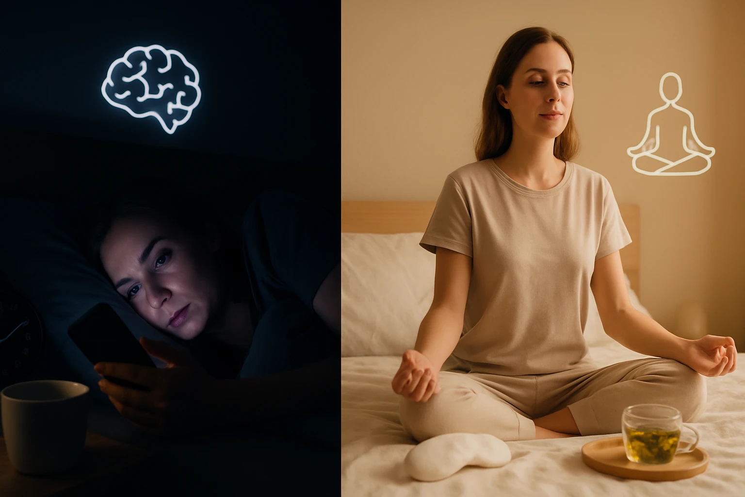 Egy nő az ágyban telefonozik, míg egy másik nő meditál és teát iszik.