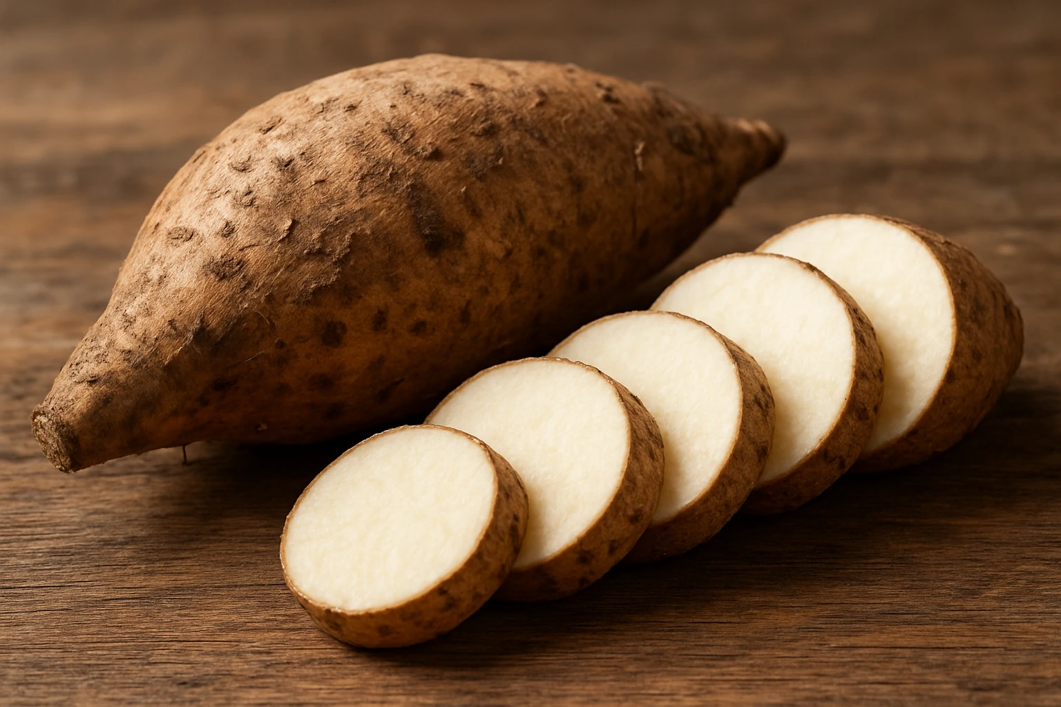 Egy édesburgonya és néhány szeletelt darabja egy fából készült felületen.