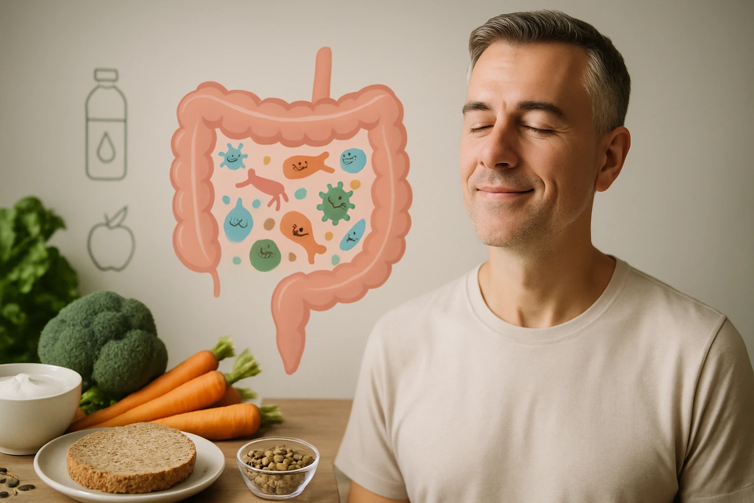 Egy férfi meditál, miközben az emésztőrendszer illusztrációja látható mögötte.