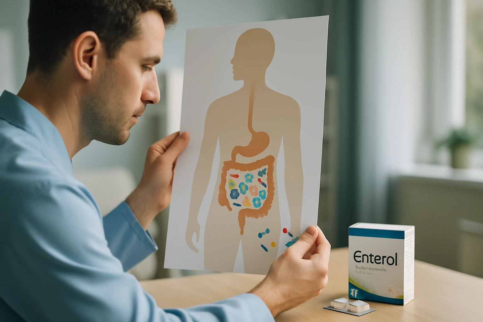 Egy férfi egy emberi emésztőrendszert ábrázoló képet tart a kezében.