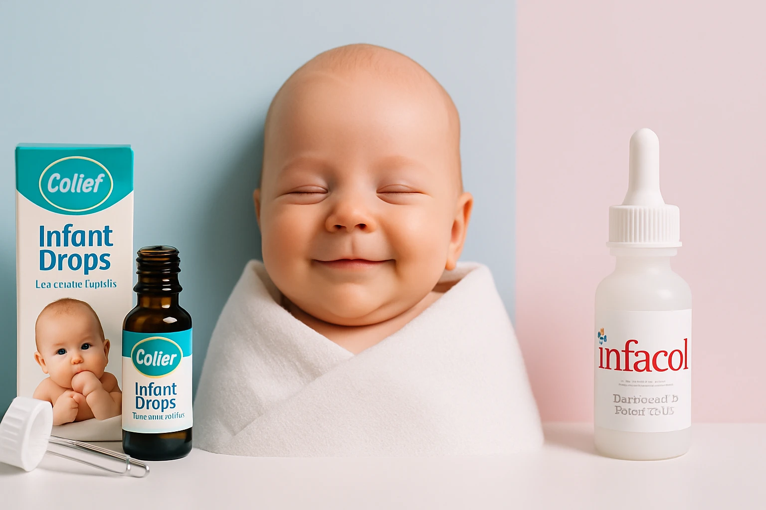 Mosolygó baba, mellette Colief csepp és Infacol üveg, egészségügyi termékek.