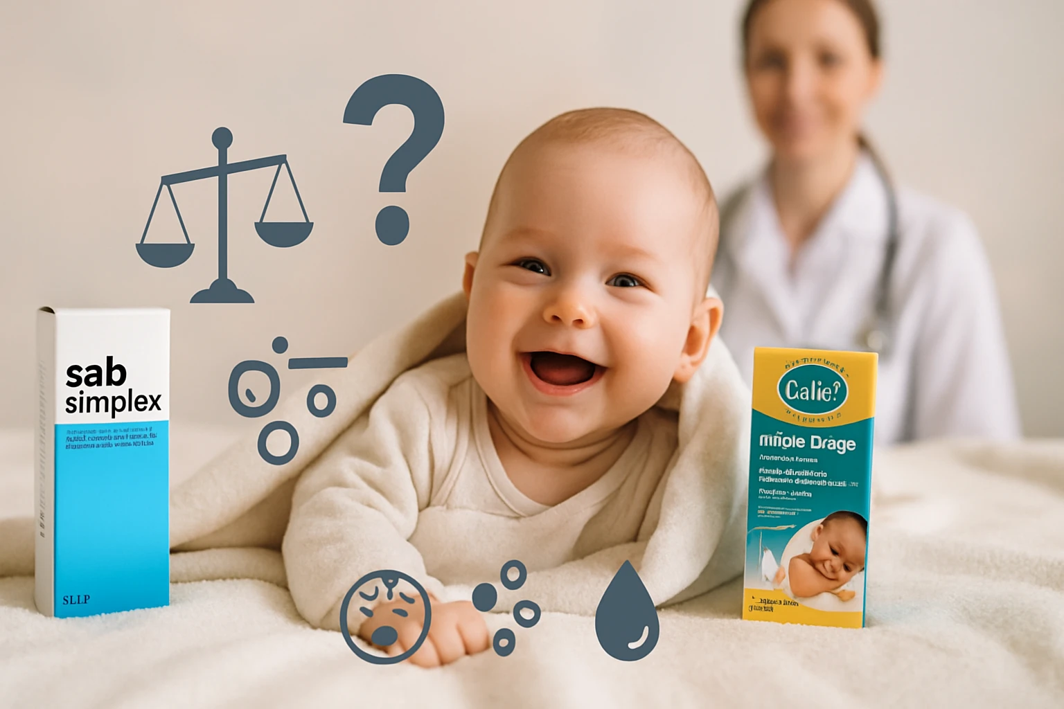 Mosolygó baba takaróba burkolva, gyógyszerek a közelben.