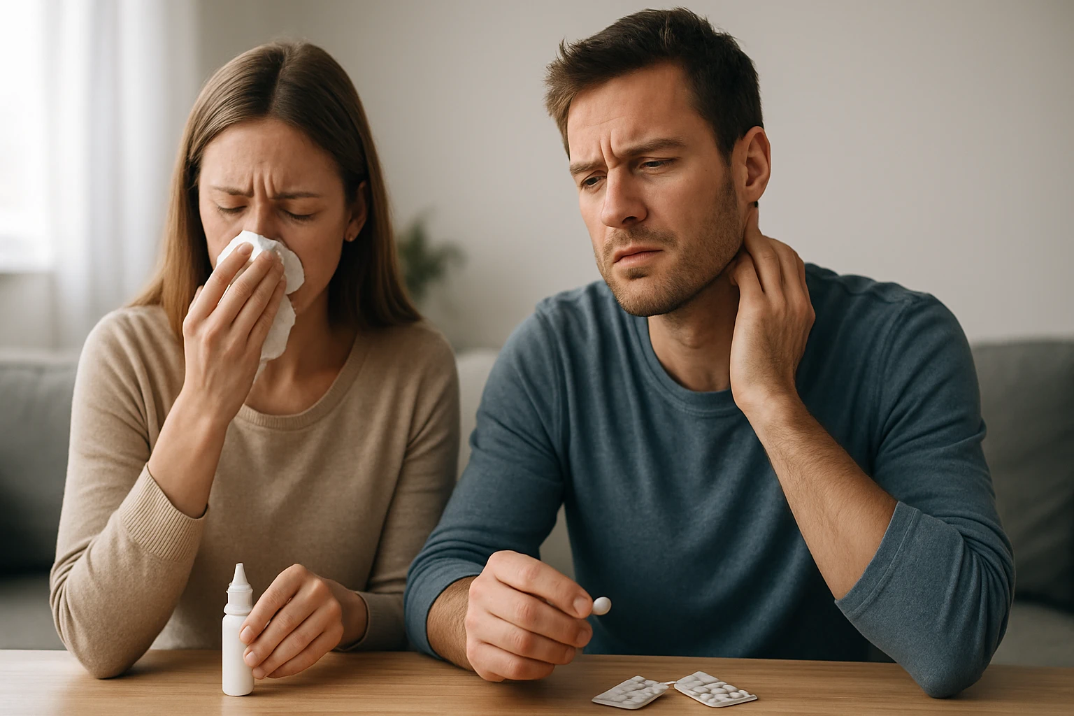 Két ember ül egy asztalnál, a nő orrot fúj, a férfi gyógyszert néz.