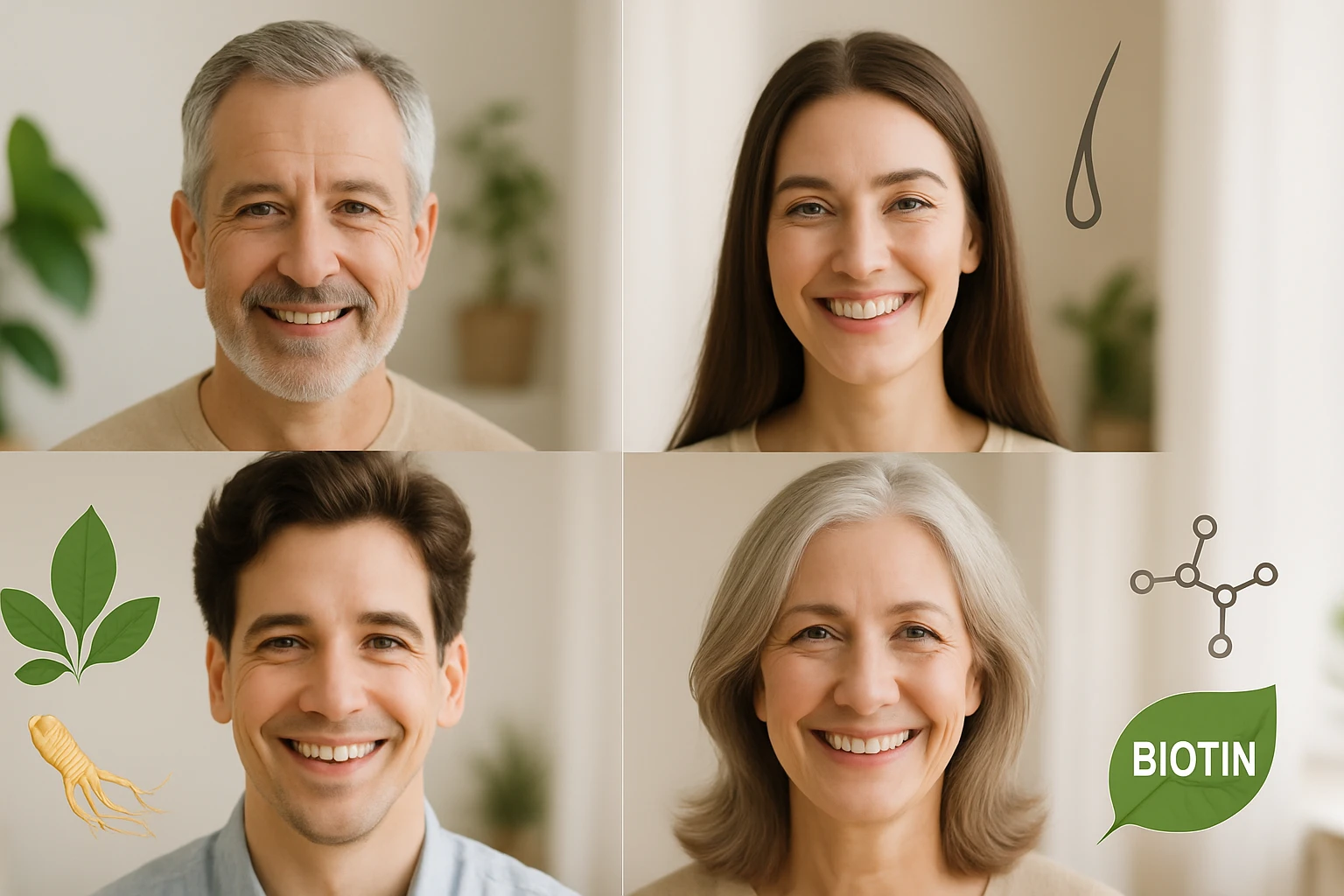 Két férfi és két nő mosolyog, mögöttük növények és biotin szimbólumok láthatók.