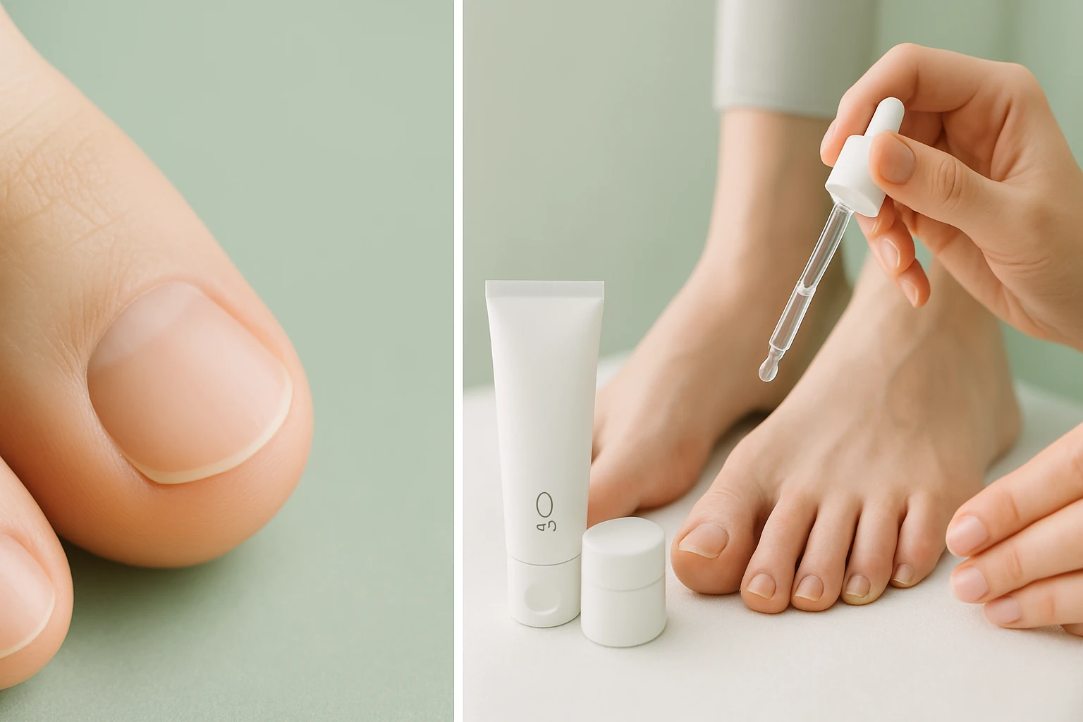 Közelkép egy kézről, amely cseppentőt tart, lábakkal és bőrápoló termékekkel.