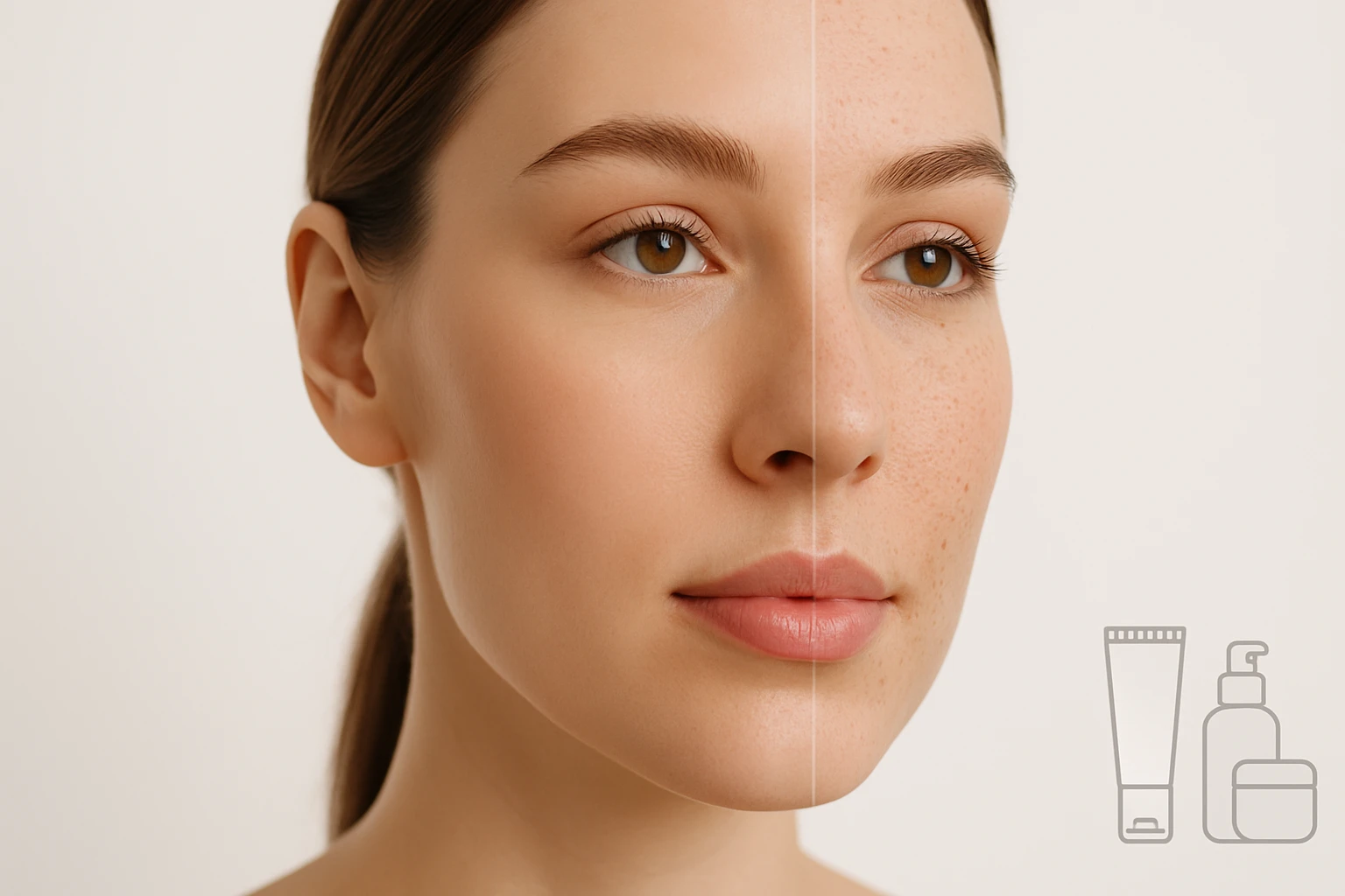 Egy fiatal nő arca, fényes és sima bőrrel, a másik oldalon szeplőkkel.