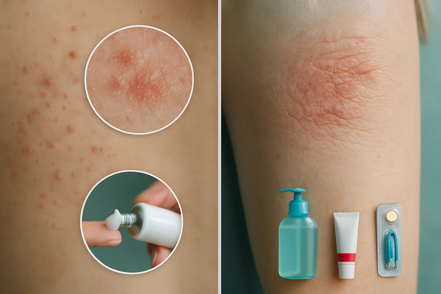 Bőrkiütések és bőrápoló termékek láthatók egy karon.