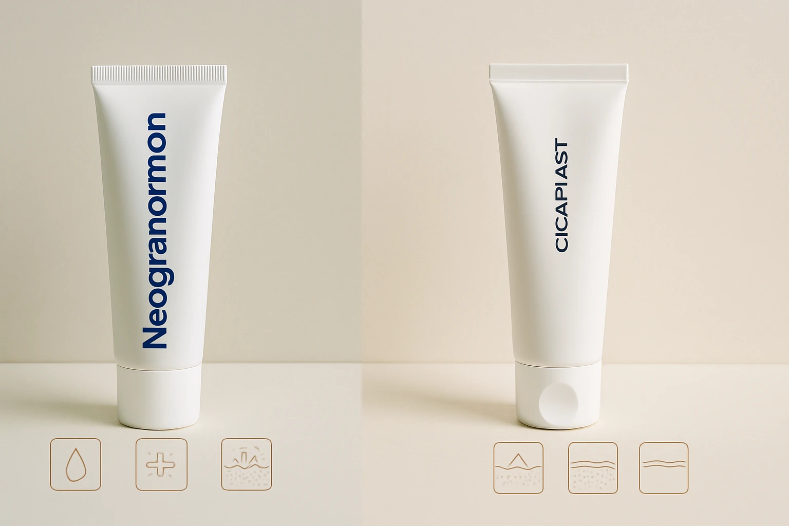 Két különböző bőrápoló krém tubusa, az egyik Neogranormon, a másik Cicaplast.