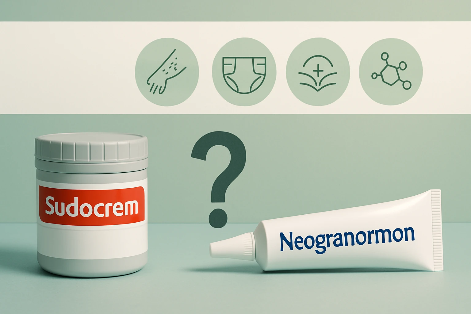 Két bőrgyógyászati krém, Sudocrem és Neogranormon, zöld háttér előtt.