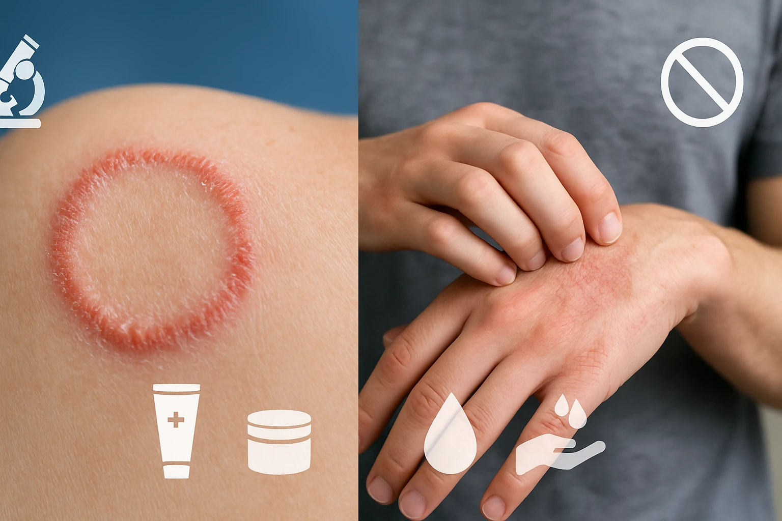 Egy bőrgyógyászati problémát ábrázoló kép, vörös folt a bőrön és kezek.