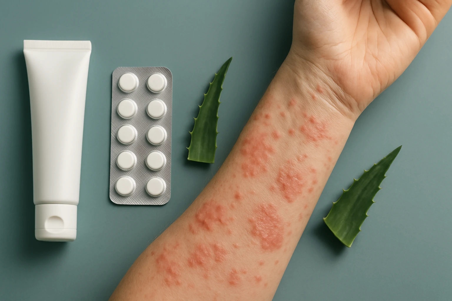 Egy kéz, amelyen bőrirritáció látható, mellette krém, gyógyszer és aloe vera levél.
