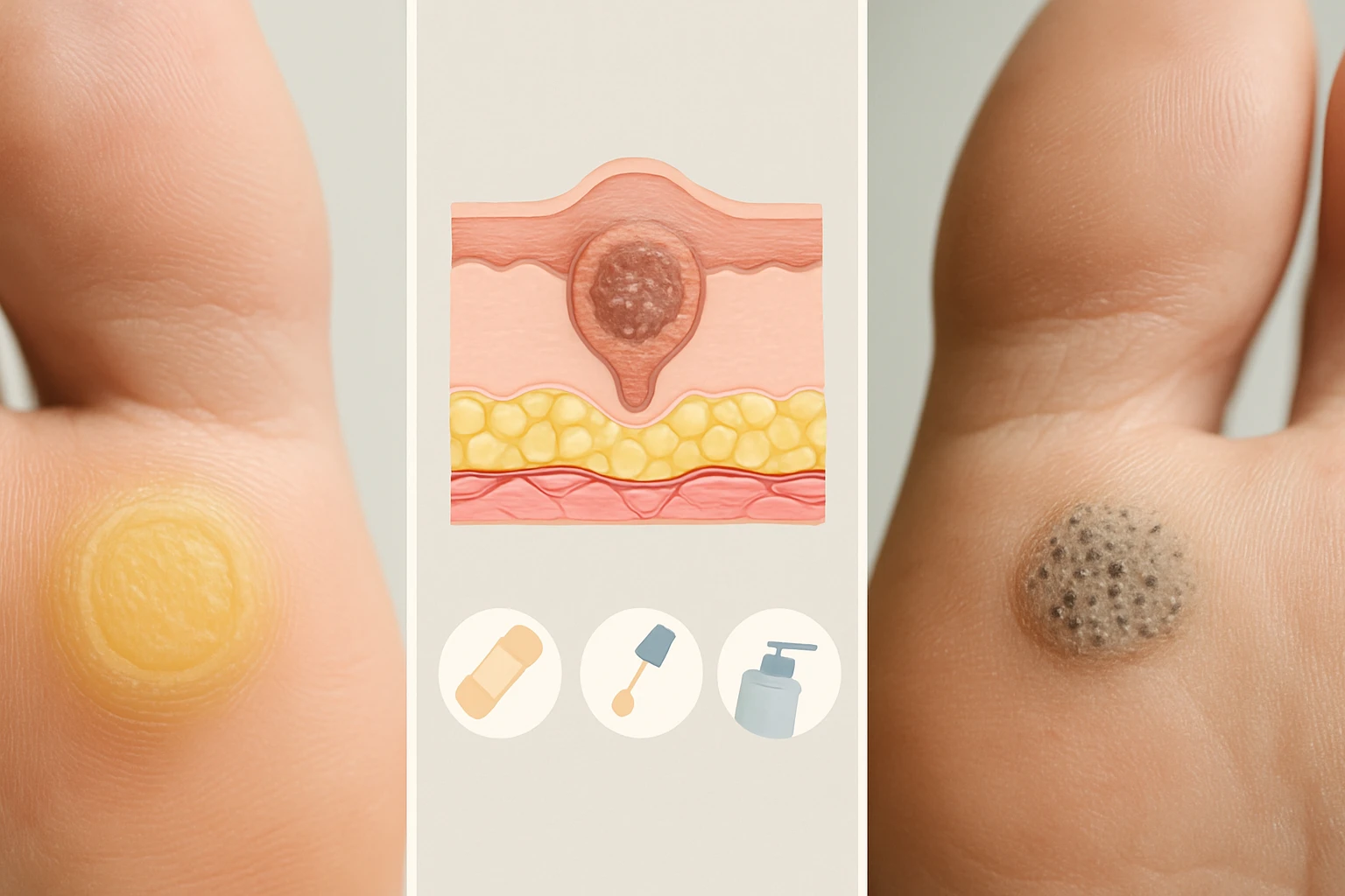 Két különböző bőrprobléma a talpon: egy sárgás bőrkeményedés és egy fekete tyúkszem.