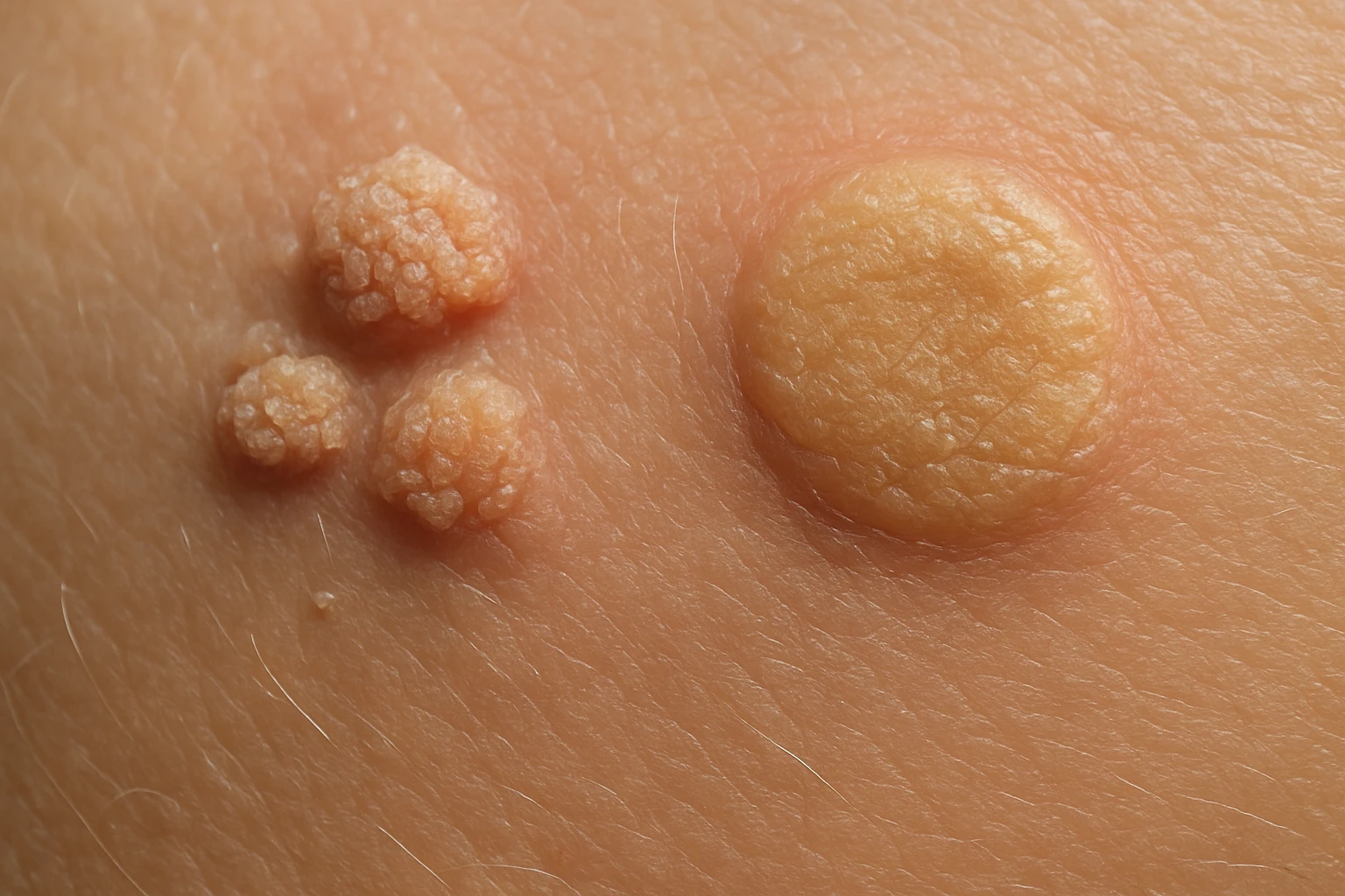 Bőrön megjelenő különböző méretű és formájú bőrnövedékek, amelyek egészségügyi problémát jelezhetnek.