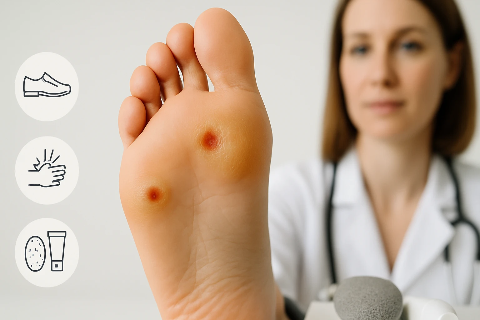 Egy orvos vizsgálja a beteg talpát, amelyen bőrproblémák láthatók.