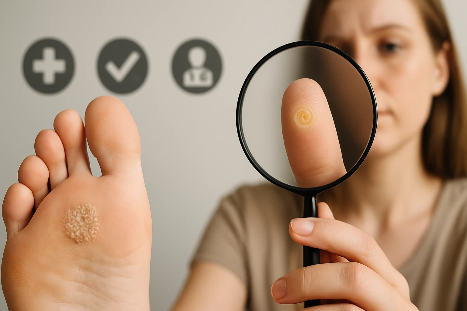 Egy nő a lábujján lévő bőrproblémát vizsgálja nagyítóval.