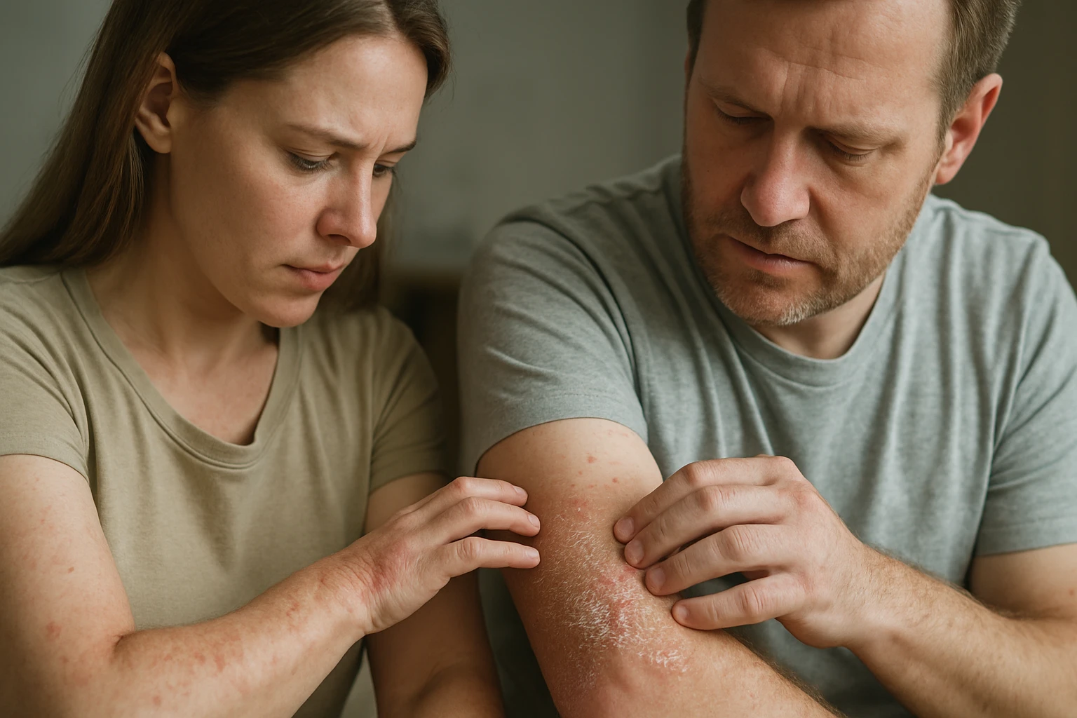 Egy nő aggódva nézi a férfi karján lévő bőrproblémát, miközben tapintja azt.