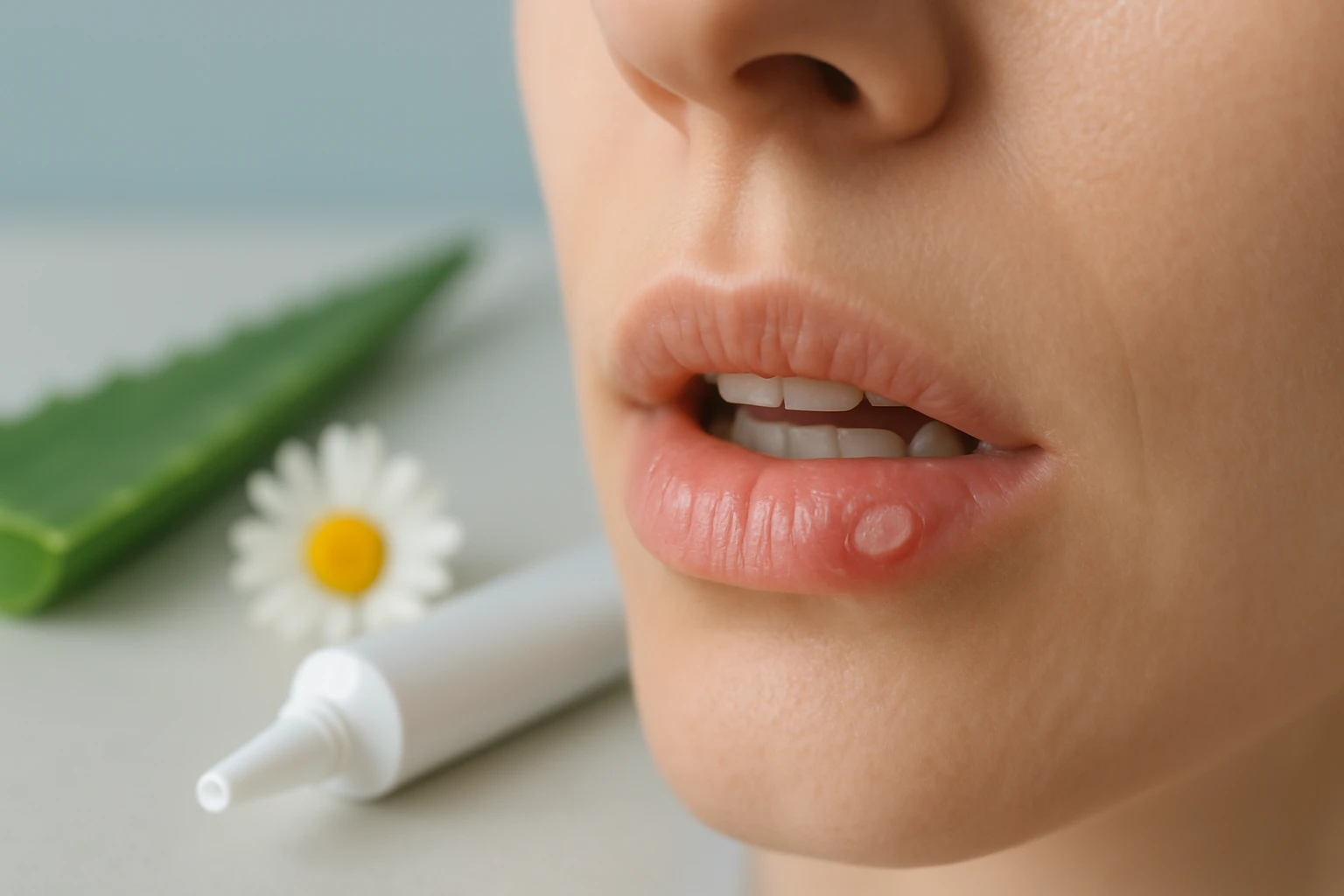 Egy nő ajkán egy piros pattanás látható, mellette aloe vera és kamilla virág.