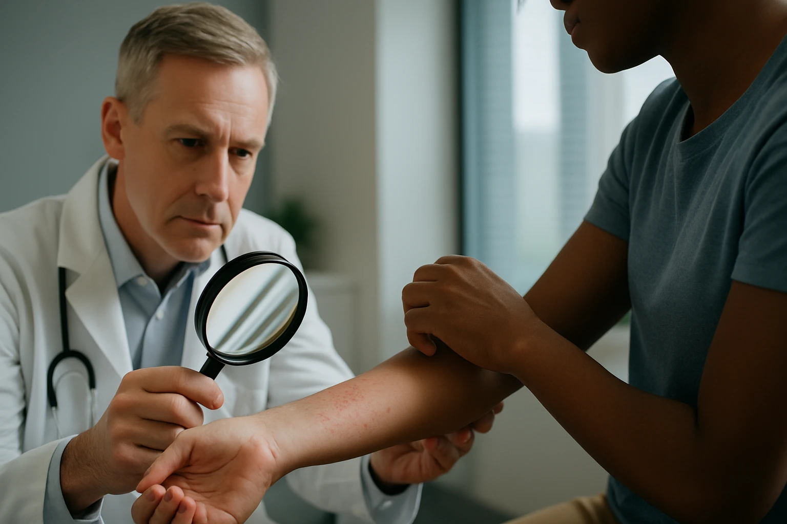 Egy orvos nagyítólencsével vizsgálja meg egy páciens karját, bőrproblémát keresve.