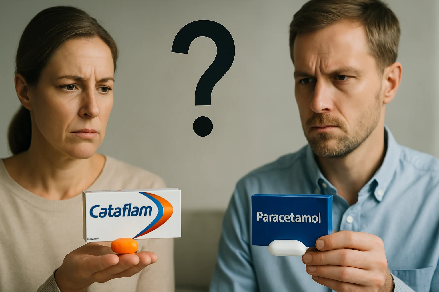 Egy nő és egy férfi, akik Cataflam és Paracetamol dobozokat tartanak a kezükben, kérdő arckifejezéssel.