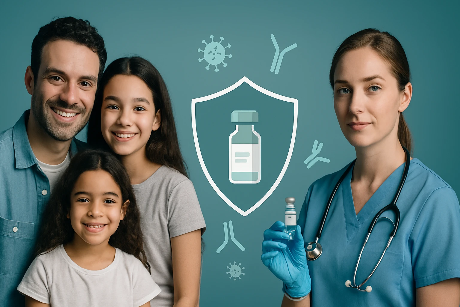 Egy család mosolyog a kamerába, miközben egy nő orvos oltóanyagot mutat.