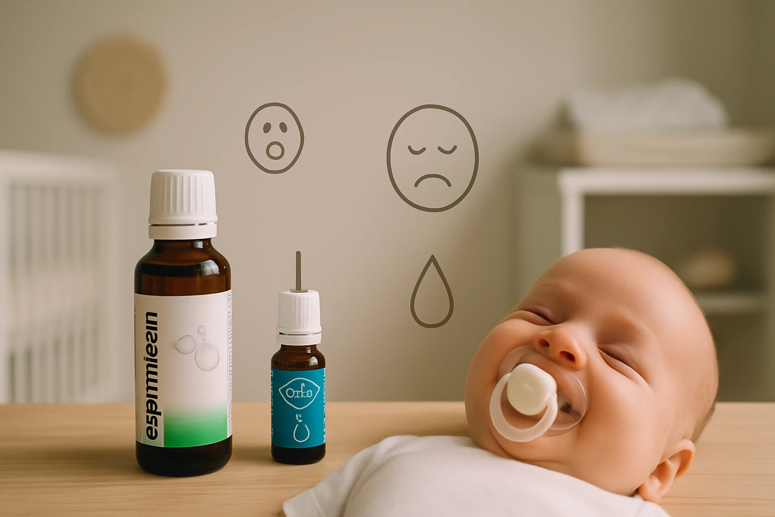 Egy boldog csecsemő, mellette gyógyszerek, amelyek segíthetnek a babák egészségén.