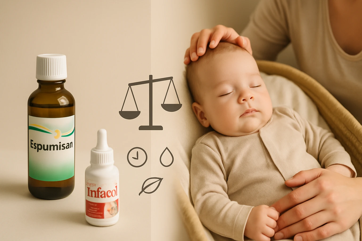 Két üveg gyógyszer, Espumisan és Infacol, egy alvó csecsemő mellett.