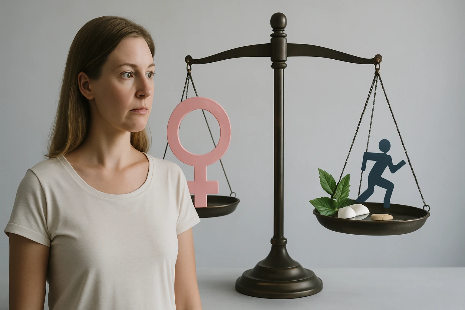 Egy nő néz egy mérlegre, amelyen a női szimbólum és egészséges ételek láthatók.