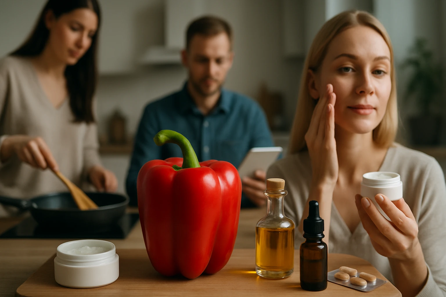 Egy nő bőrápoló krémet használ, miközben egy piros paprika és olajok láthatók a konyhában.