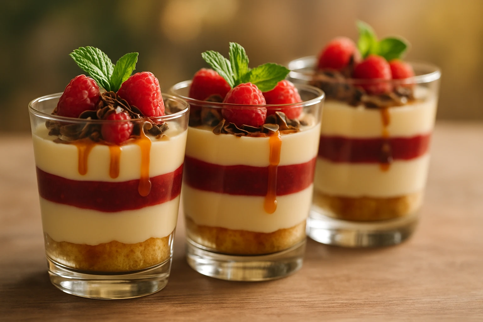 Három pohárban rétegezett desszert, friss málnával és csokoládéforgáccsal díszítve.