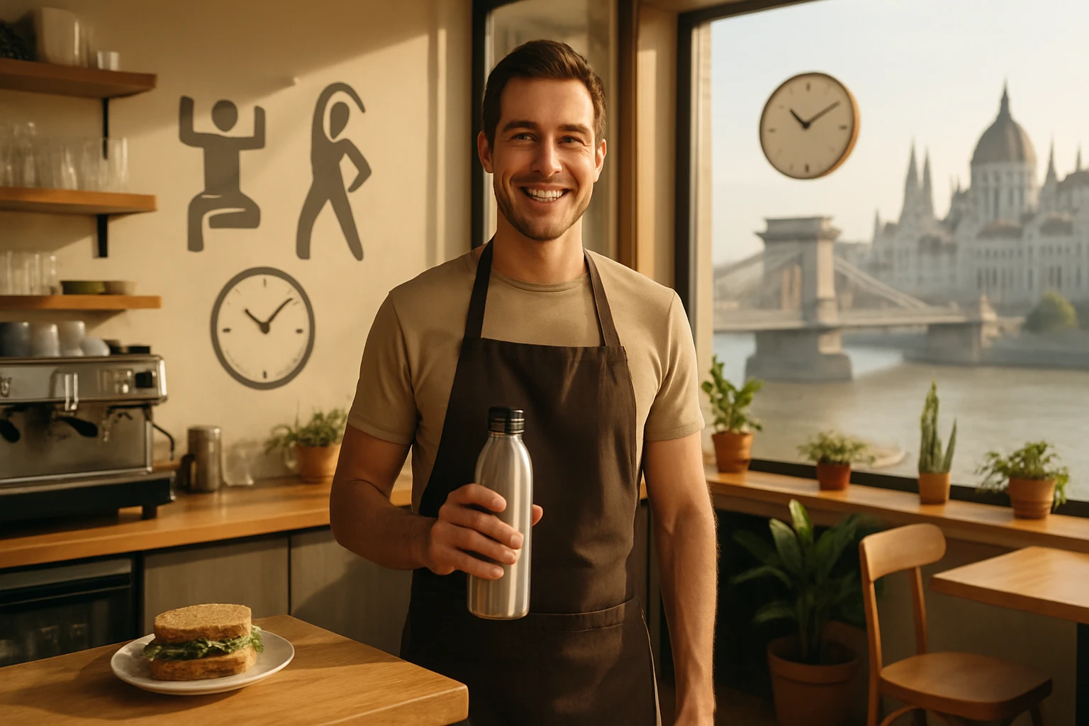 Egy fiatal férfi mosolyogva áll egy kávézóban, vízpalackot tart a kezében.