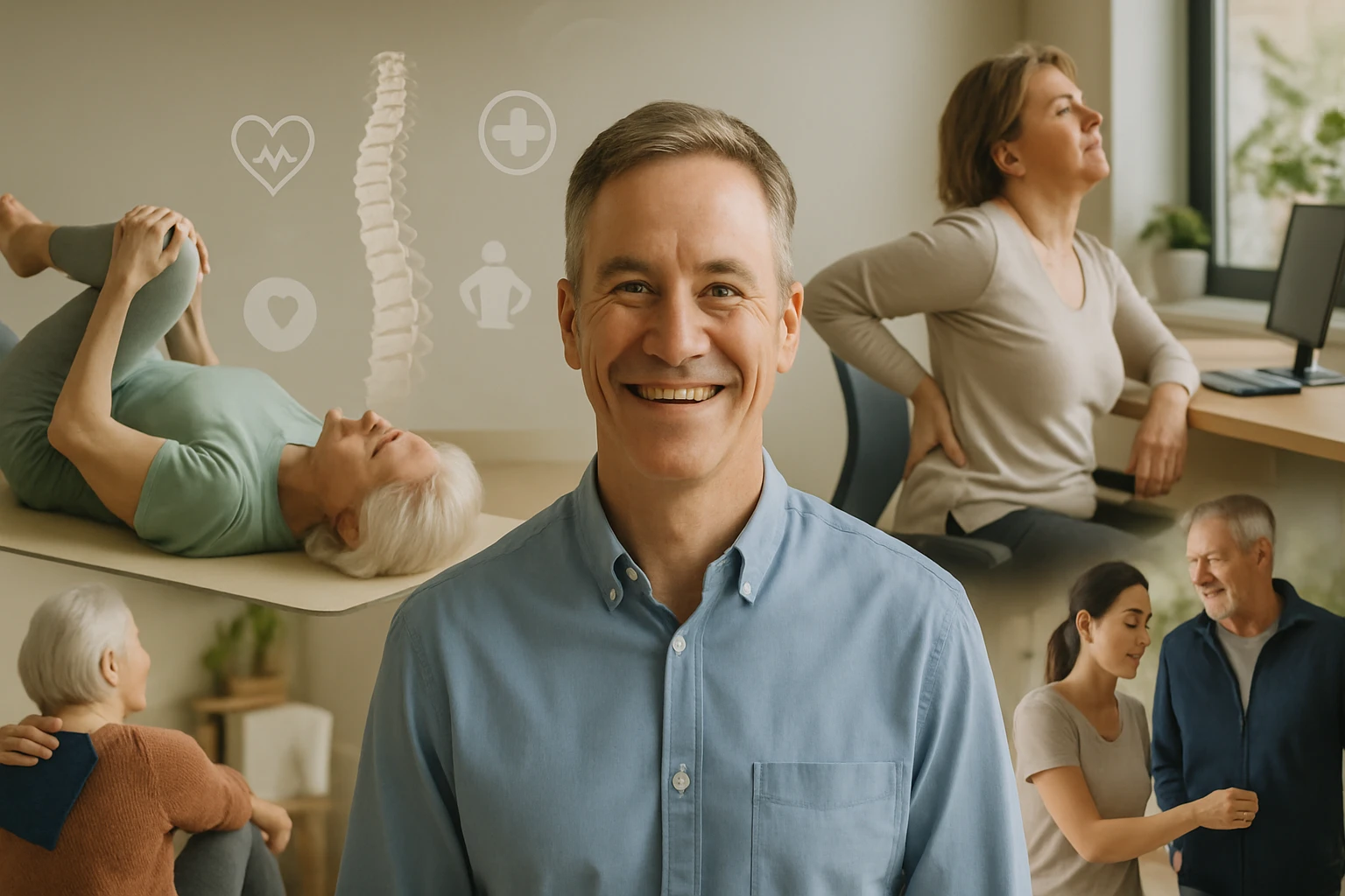 Egy férfi mosolyog a kamerába, mögötte különböző egészséges életmódot bemutató jelenetek láthatók.