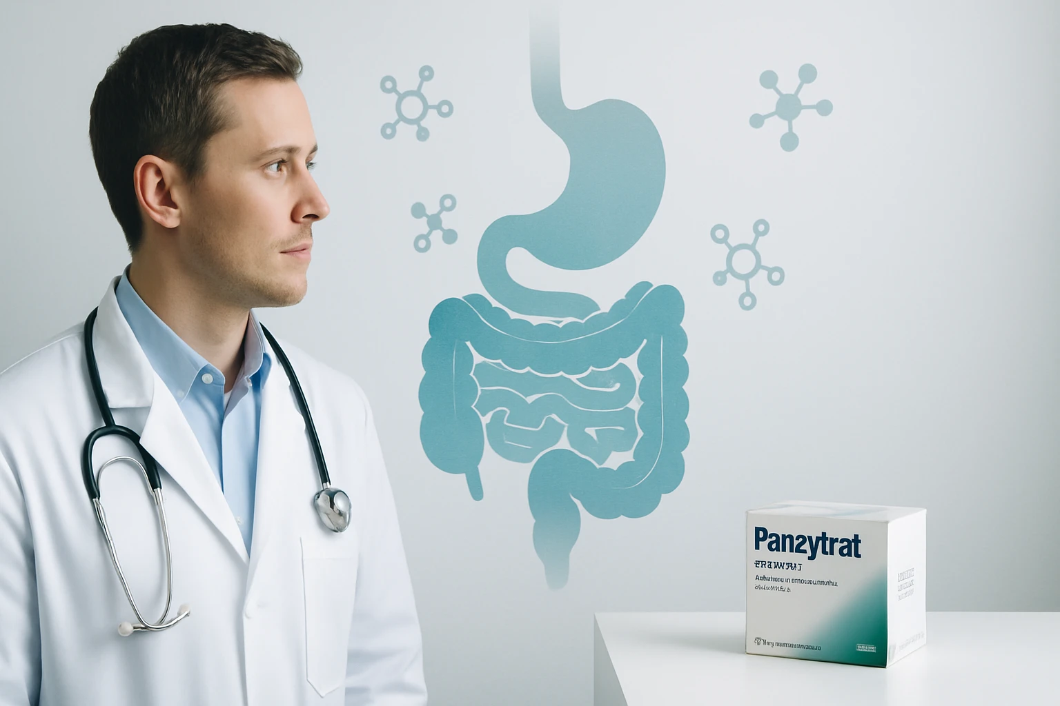 Egy orvos, fehér köpenyben, a bélrendszert ábrázoló háttér előtt áll.