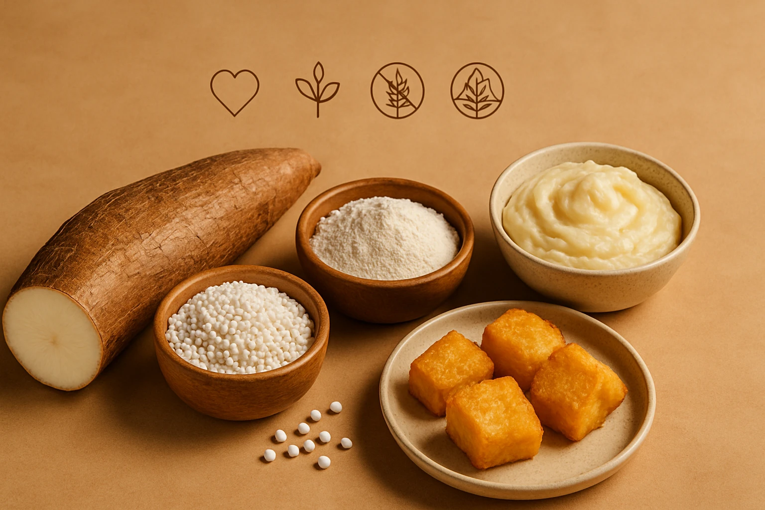 Egy édesburgonya, különböző tálkákban lévő élelmiszerek, mint liszt, puding és golyók.