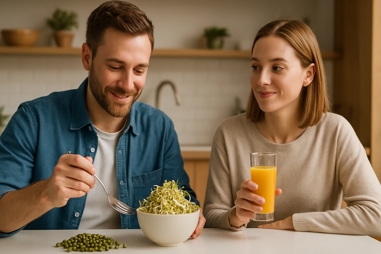 Egy férfi salátát eszik, míg egy nő narancslevet iszik, mindketten mosolyognak.
