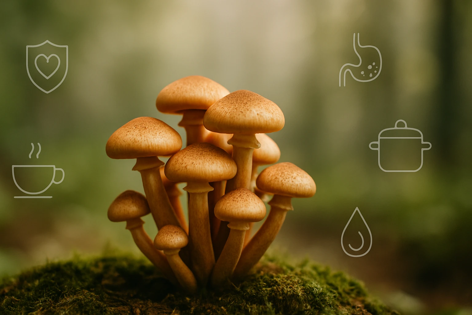 Friss, aranybarna gombák csoportja zöld moha között, természetes környezetben.