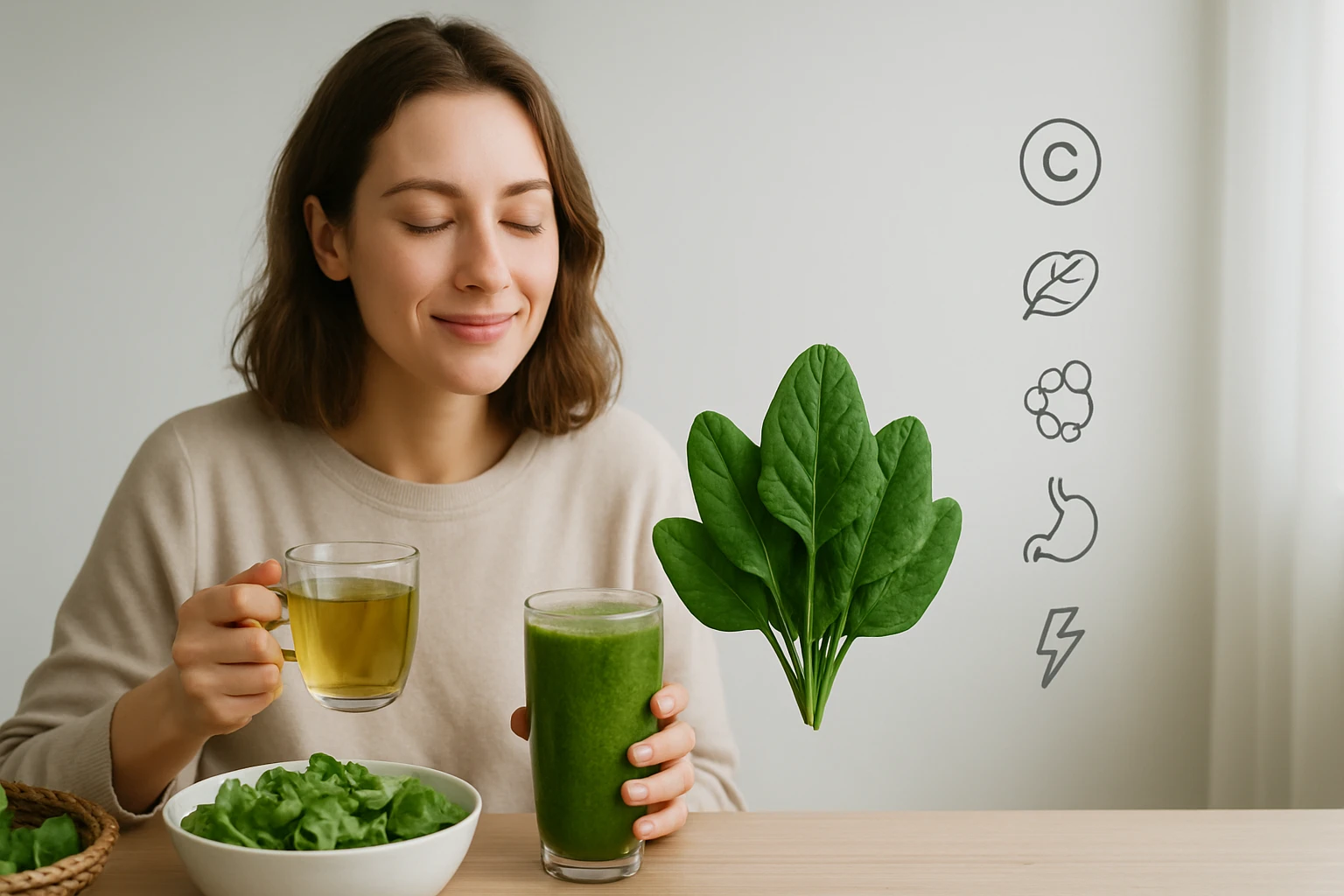 Egy fiatal nő zöld turmixot és zöld teát fogyaszt, mellette friss spenót.