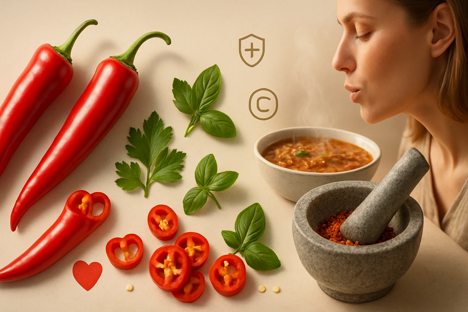 Friss zöldségek, mint a piros chili paprika és bazsalikom, egy tál gőzölgő leves mellett.