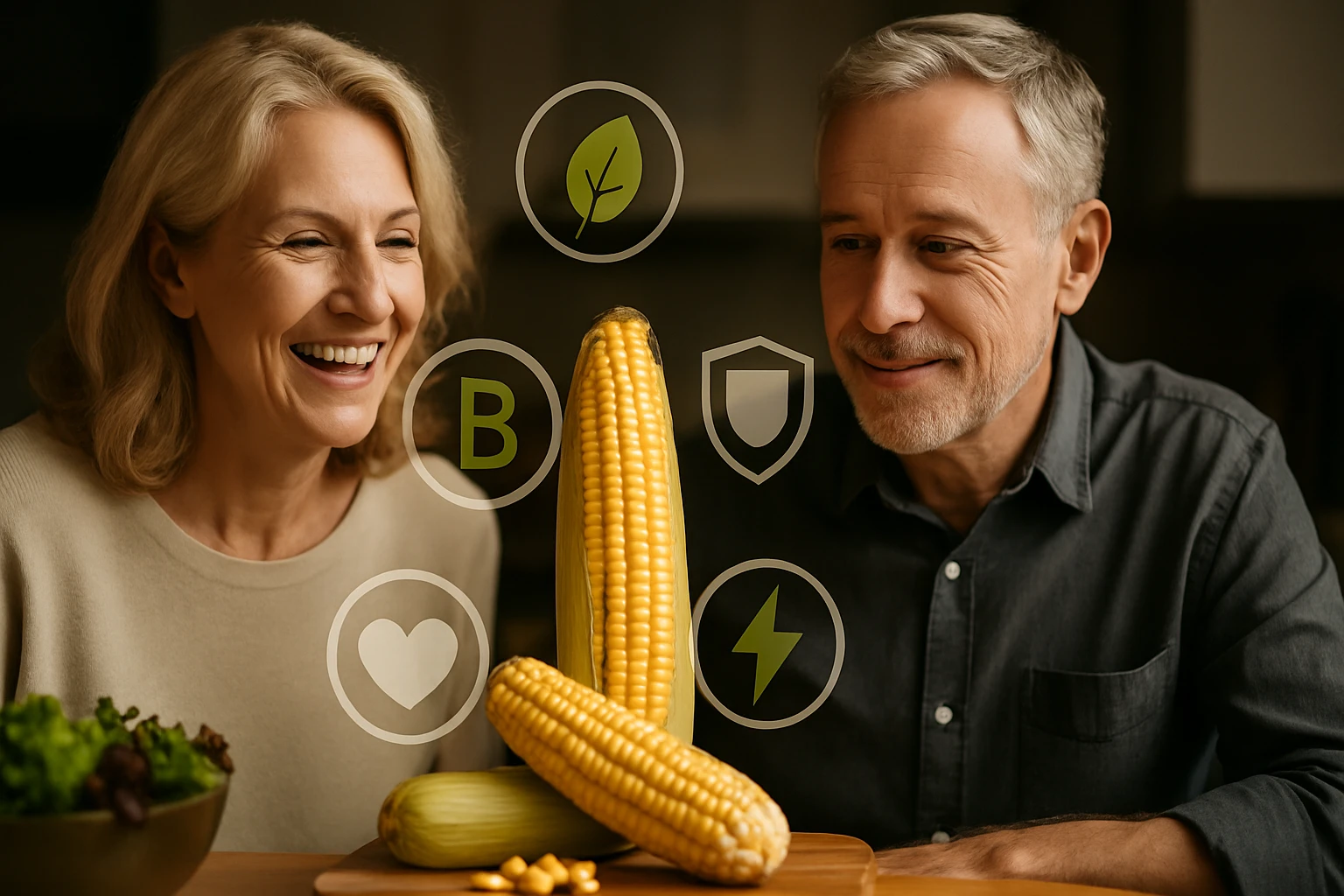 Két mosolygó felnőtt néz egy asztalon elhelyezett kukoricát, egészséges ételek között.