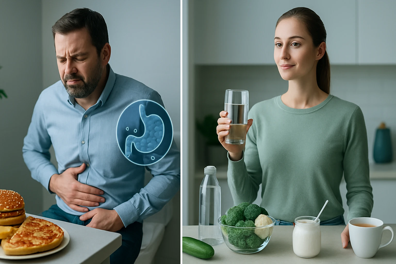 Egy férfi gyomorfájdalommal küzd, míg egy nő egészséges ételeket és vizet tart a kezében.