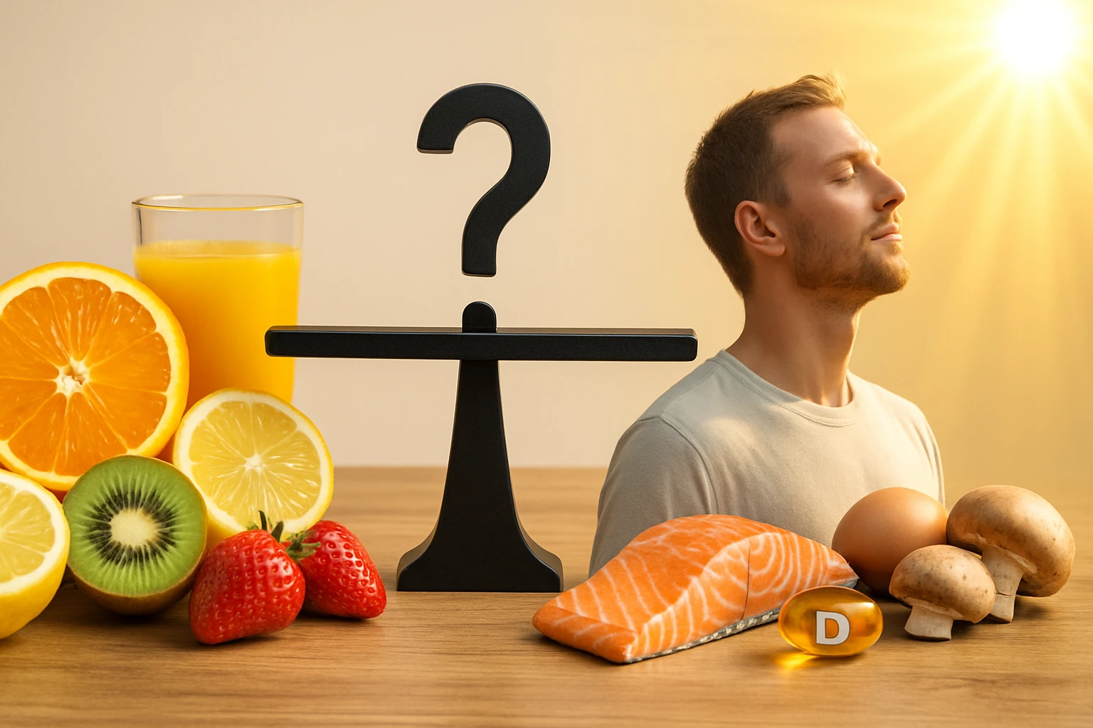 Egy férfi meditál, mellette friss gyümölcsök és tápláló ételek láthatók.