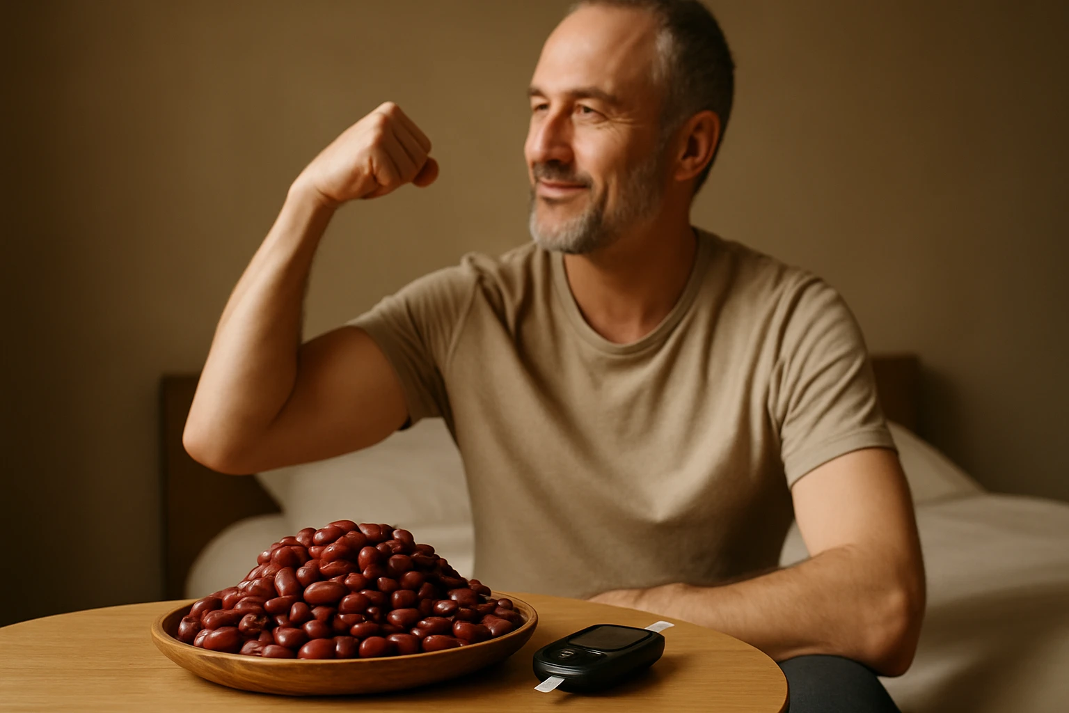 Egy férfi mosolyogva mutatja meg az izmait, mellette vörösbab halom és vércukormérő.