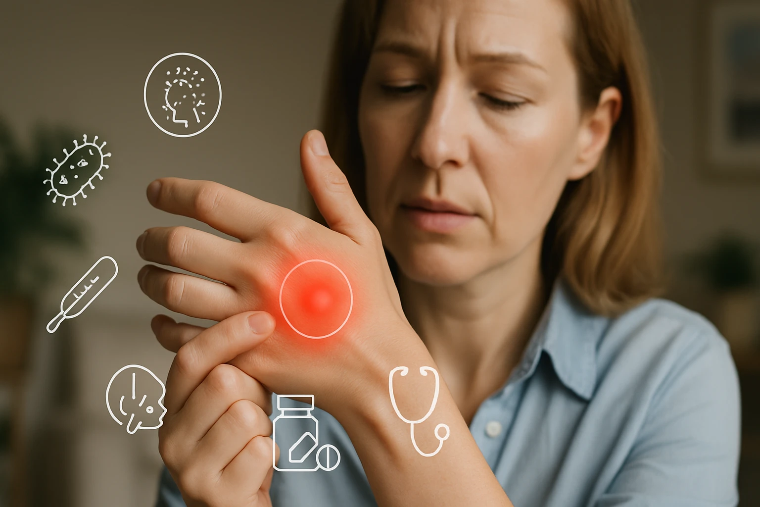 Egy nő a kezén lévő piros foltot figyeli, miközben egészségügyi szimbólumok láthatók körülötte.