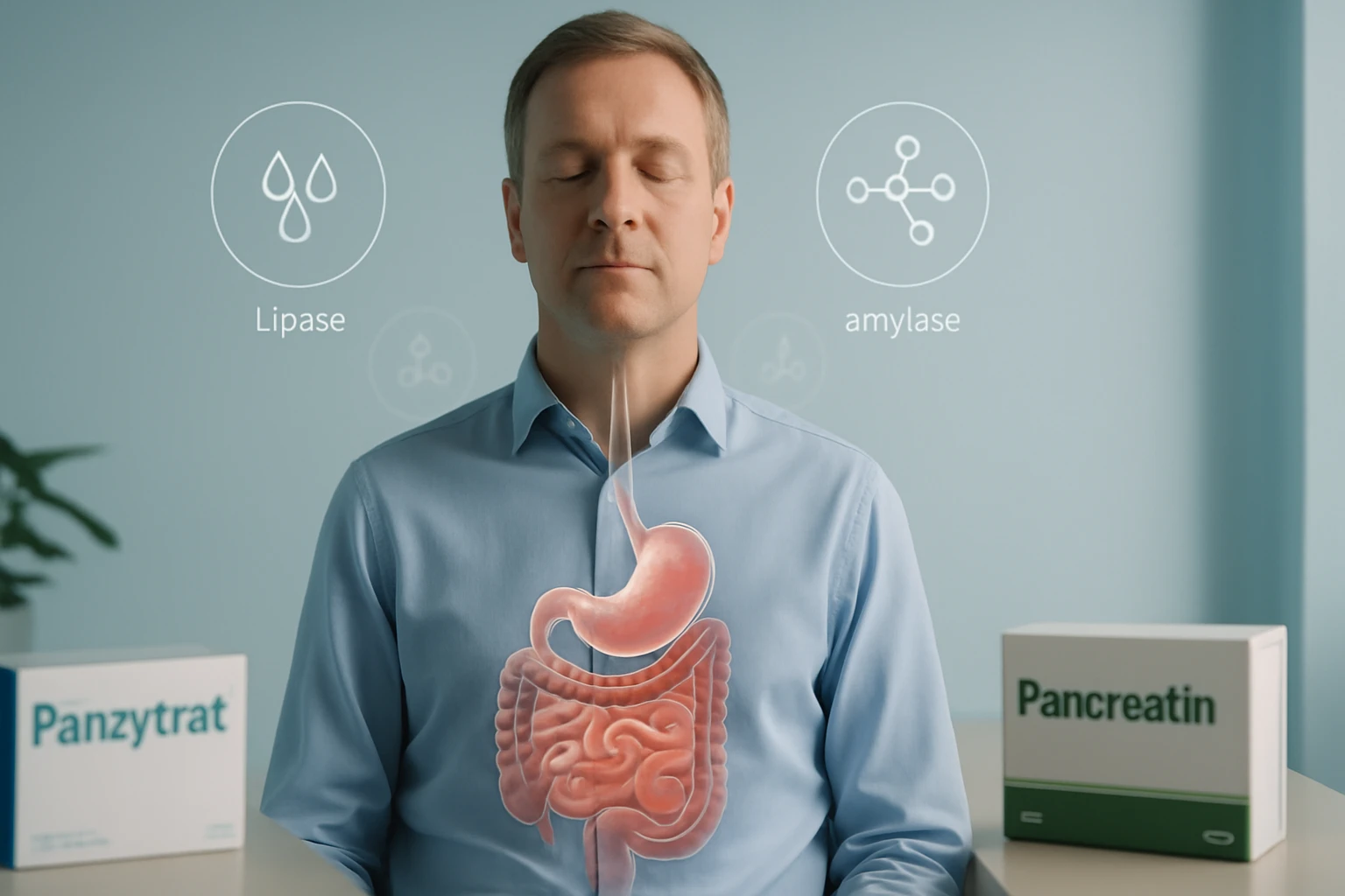 Egy férfi meditál, miközben a gyomrában lévő emésztőenzimek, mint a lipáz és amiláz láthatók.