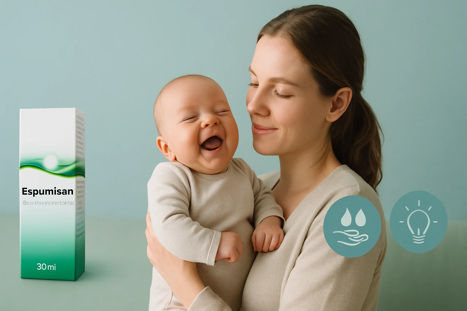 Egy mosolygó baba az édesanyja karjaiban, mellettük egy Espumisan doboz.